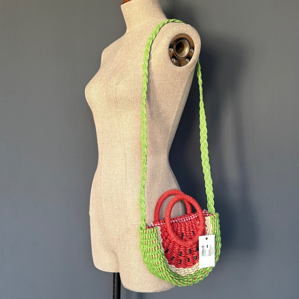 Nordstrom Watermelon Straw Crossbody Bag | Red Green Gingham | NWT - Picture 2 of 10